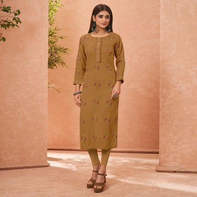 Brown Embroidered Pure Cotton Kurti