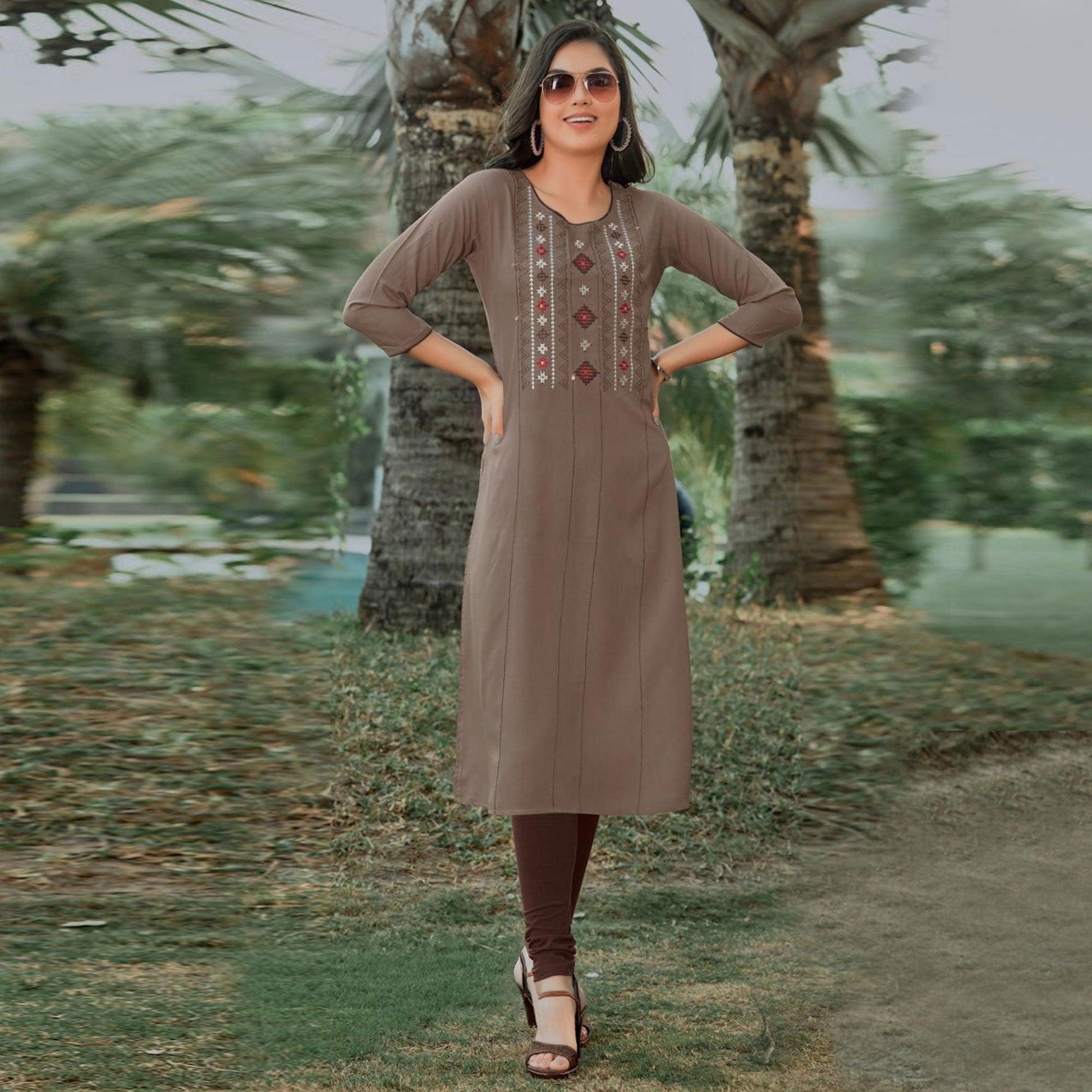 Brown Embroidered Pure Cotton Kurti