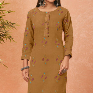Brown Embroidered Pure Cotton Kurti