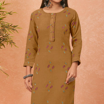 Brown Embroidered Pure Cotton Kurti