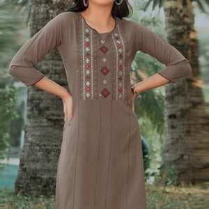 Brown Embroidered Pure Cotton Kurti