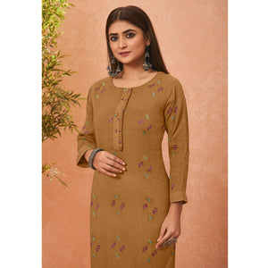Brown Embroidered Pure Cotton Kurti