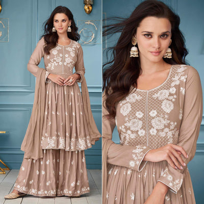 Brown Embroidered Rayon Sharara Suit