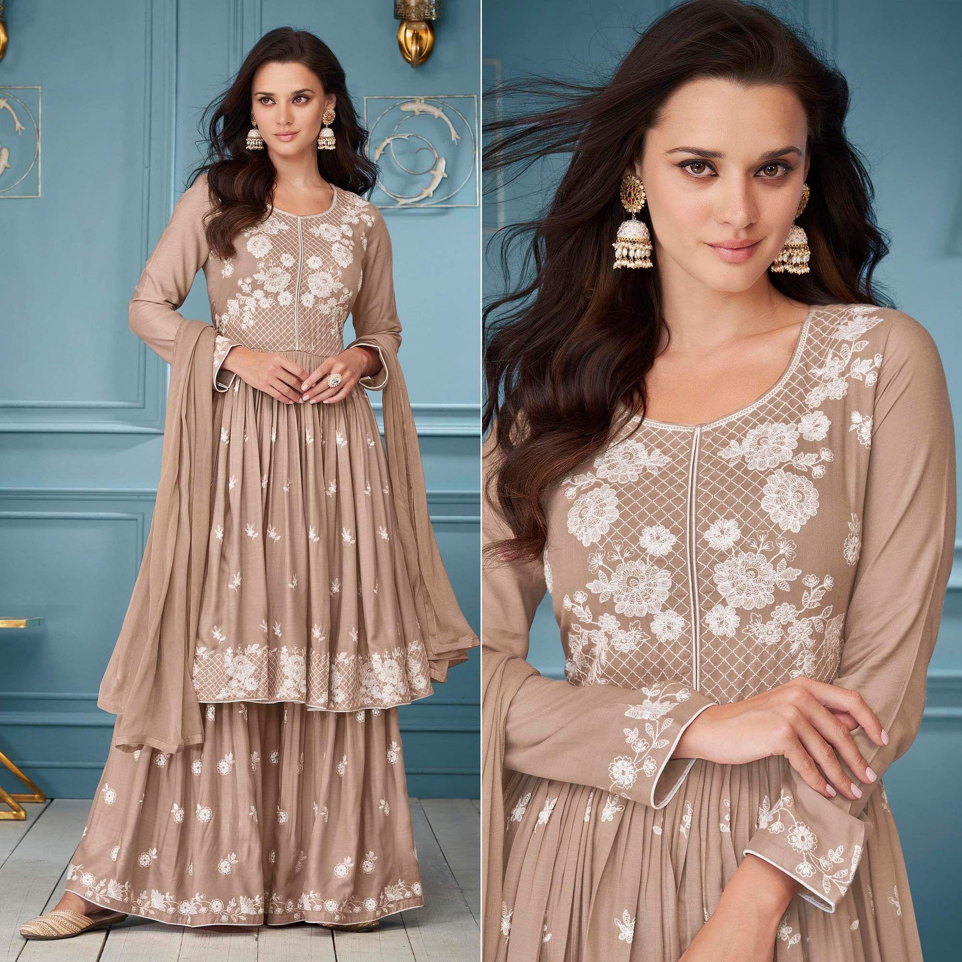 Brown Embroidered Rayon Sharara Suit