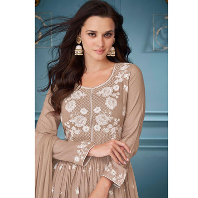 Brown Embroidered Rayon Sharara Suit