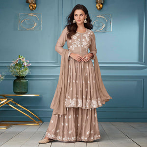 Brown Embroidered Rayon Sharara Suit