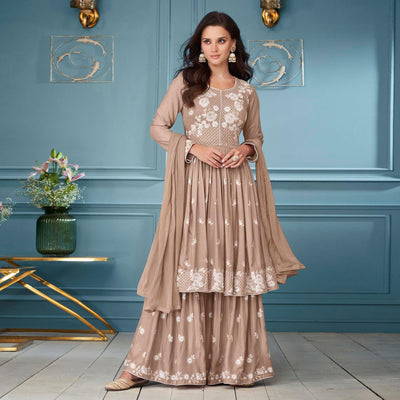 Brown Embroidered Rayon Sharara Suit