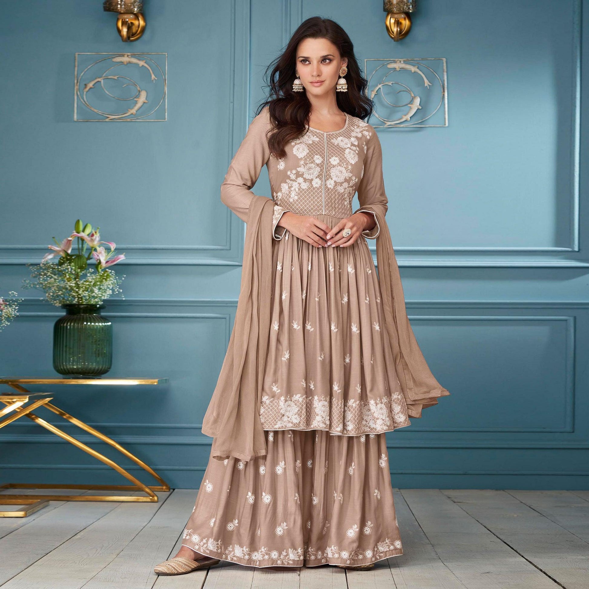 Brown Embroidered Rayon Sharara Suit