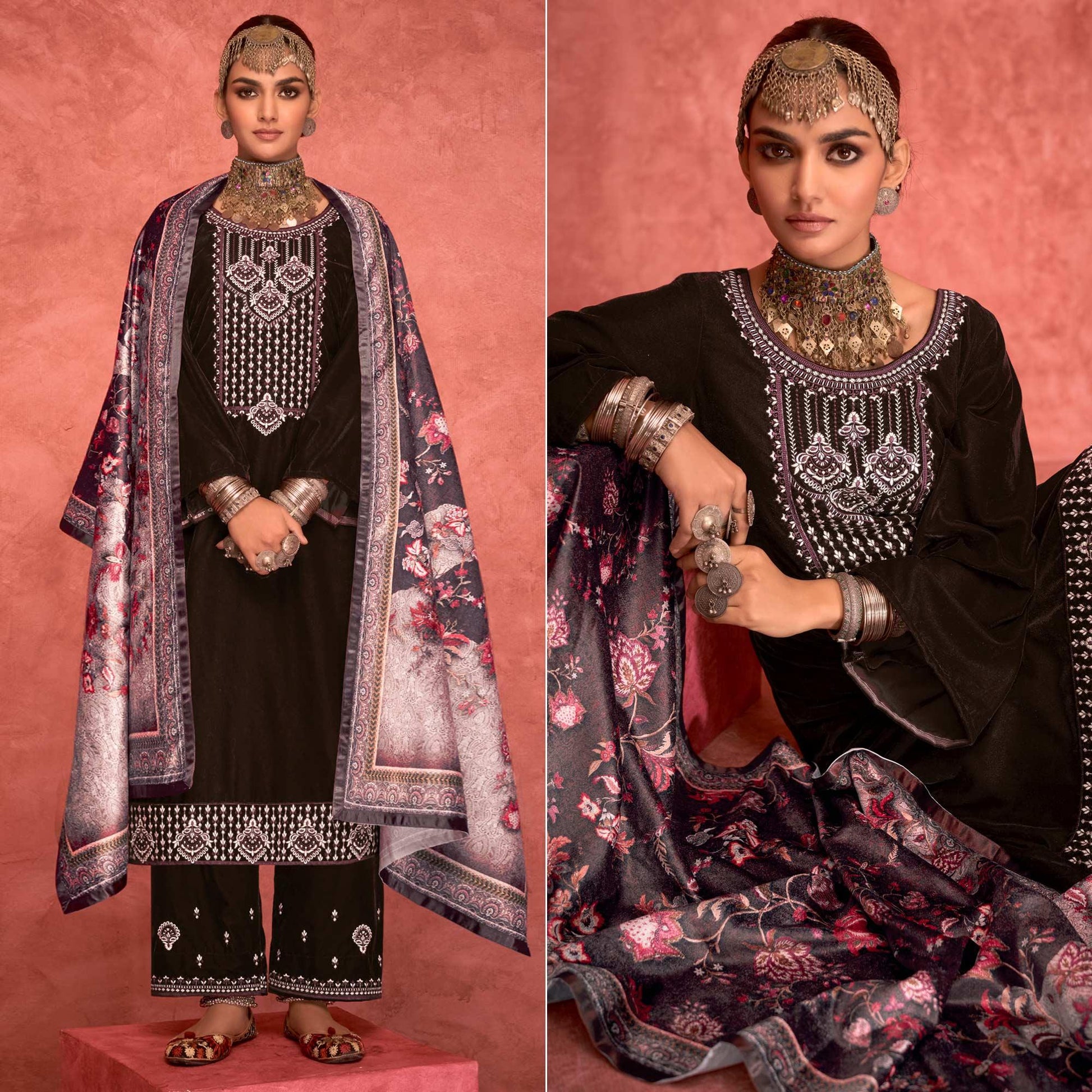 Brown Embroidered Velvet Pakistani Suit