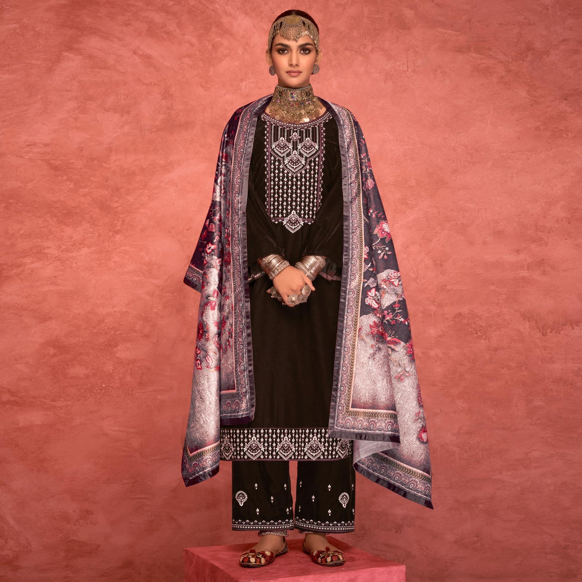Brown Embroidered Velvet Pakistani Suit