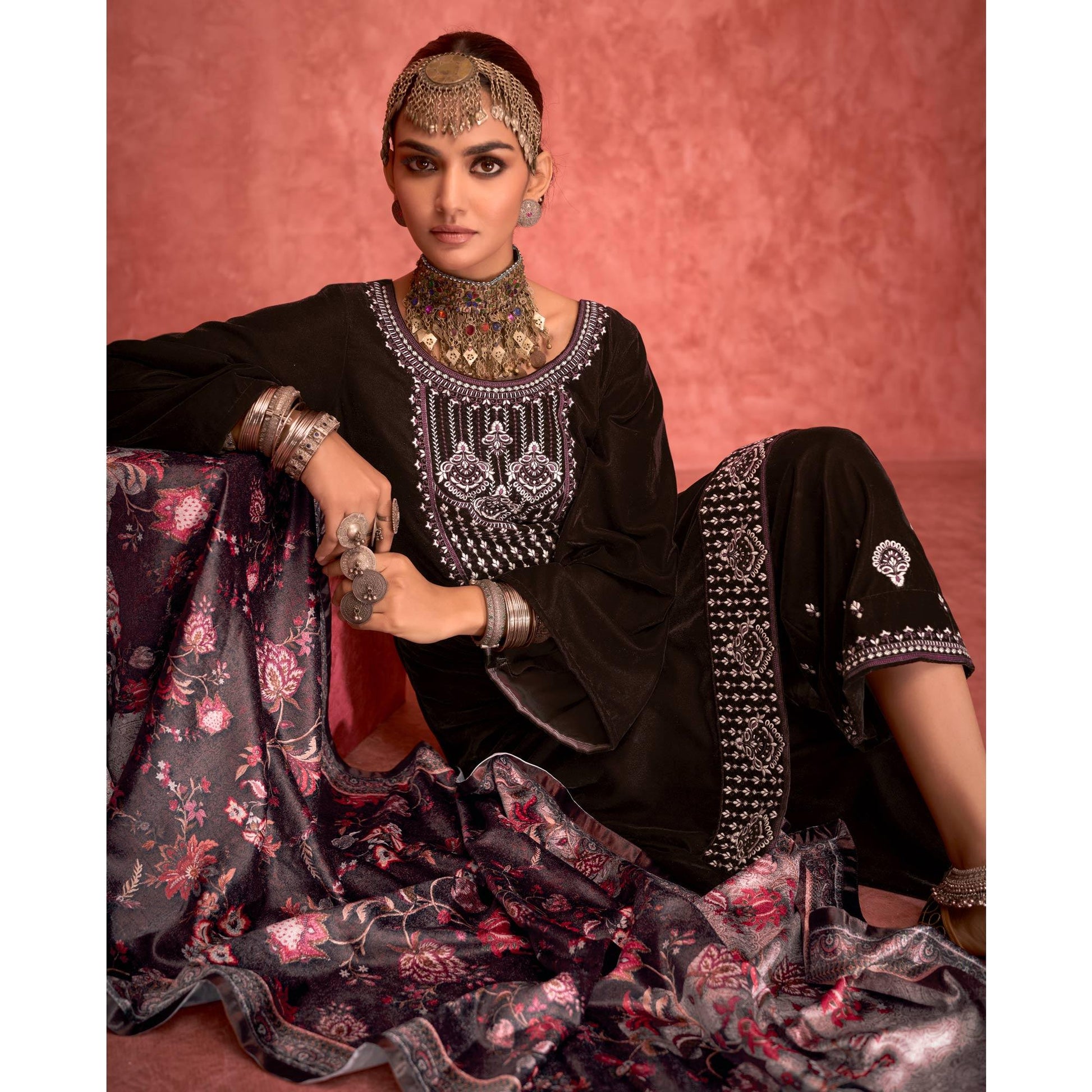 Brown Embroidered Velvet Pakistani Suit