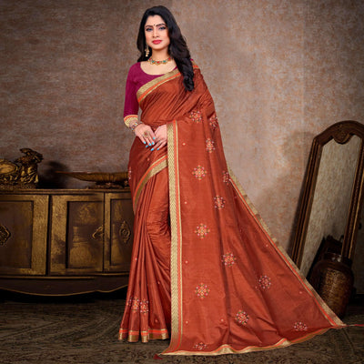 Brown Embroidered Vichitra Silk Saree