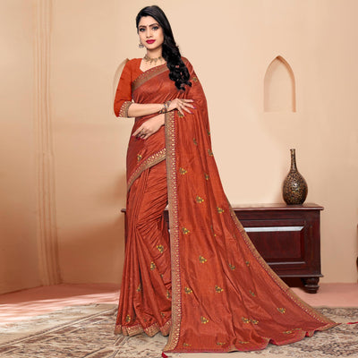 Brown Embroidered Vichitra Silk Saree