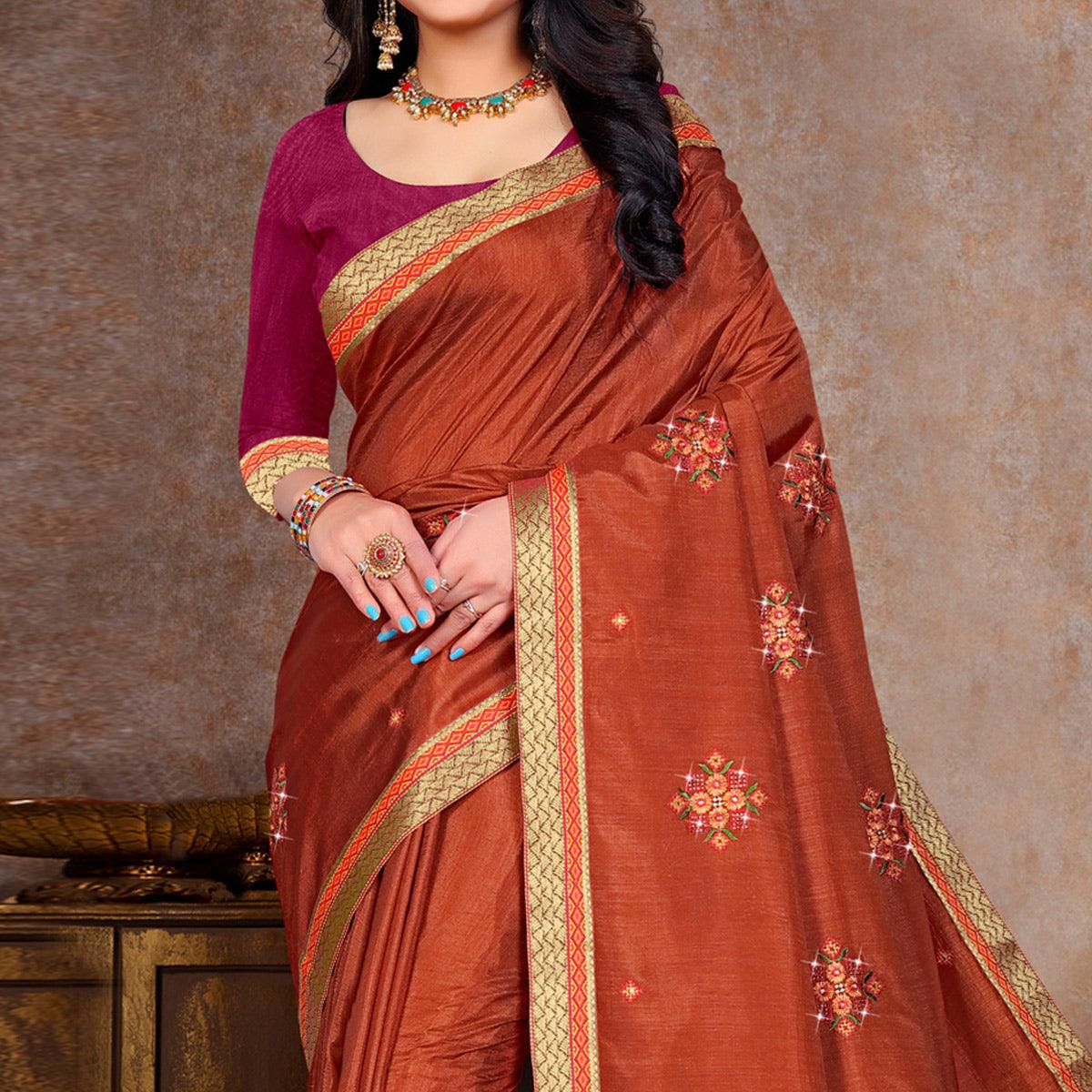 Brown Embroidered Vichitra Silk Saree