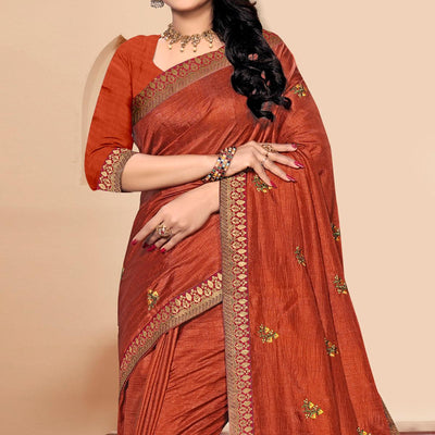 Brown Embroidered Vichitra Silk Saree