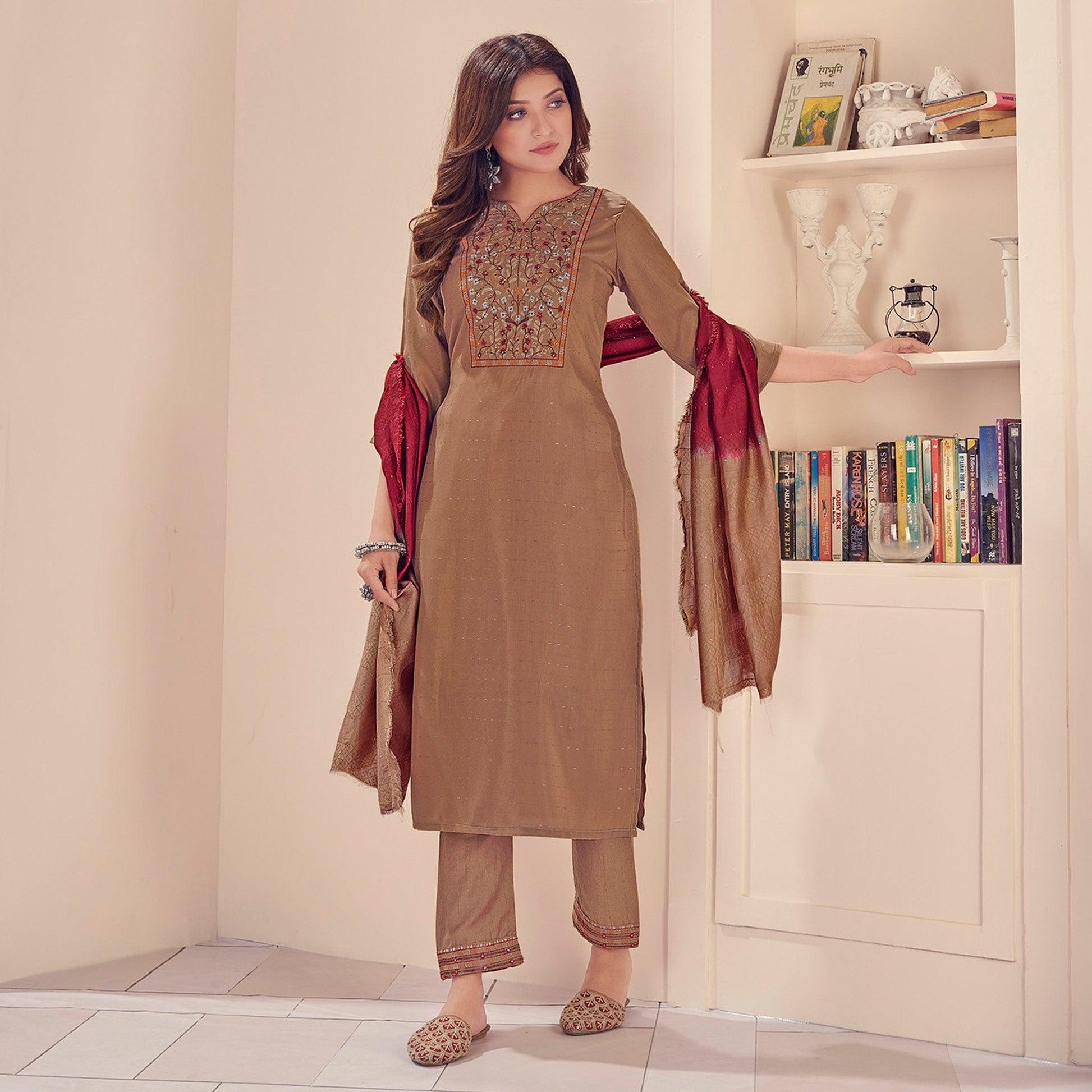 Brown Embroidered With Embellished Chiffon Kurti Pant Set With Dupatta