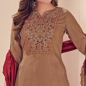 Brown Embroidered With Embellished Chiffon Kurti Pant Set With Dupatta