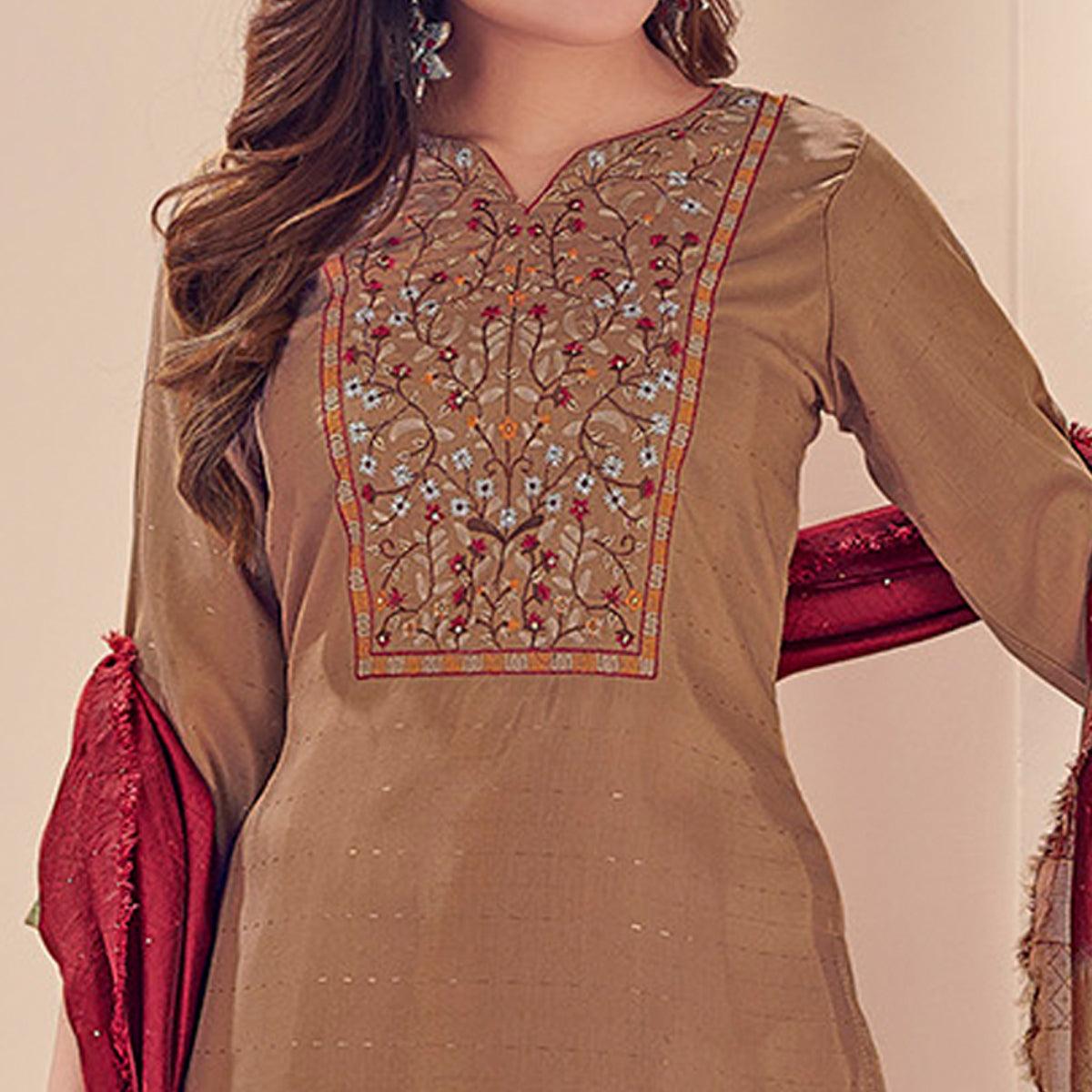 Brown Embroidered With Embellished Chiffon Kurti Pant Set With Dupatta