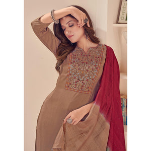 Brown Embroidered With Embellished Chiffon Kurti Pant Set With Dupatta