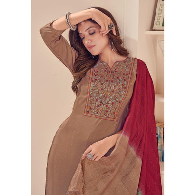 Brown Embroidered With Embellished Chiffon Kurti Pant Set With Dupatta