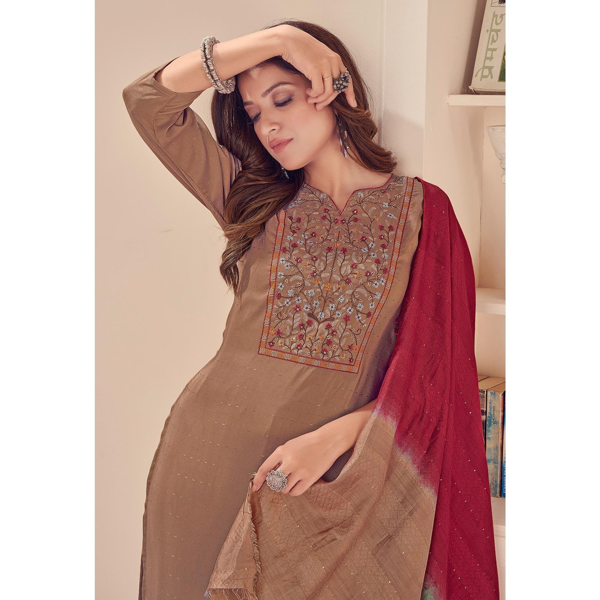 Brown Embroidered With Embellished Chiffon Kurti Pant Set With Dupatta