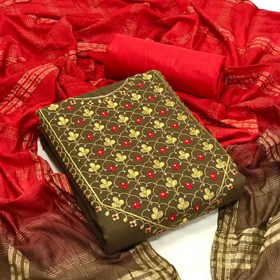 Brown Embroidered With Embellished Cotton Blend Dress Material