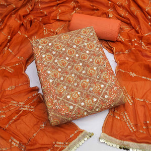 Brown Embroidered With Embellished Cotton Blend Dress Material