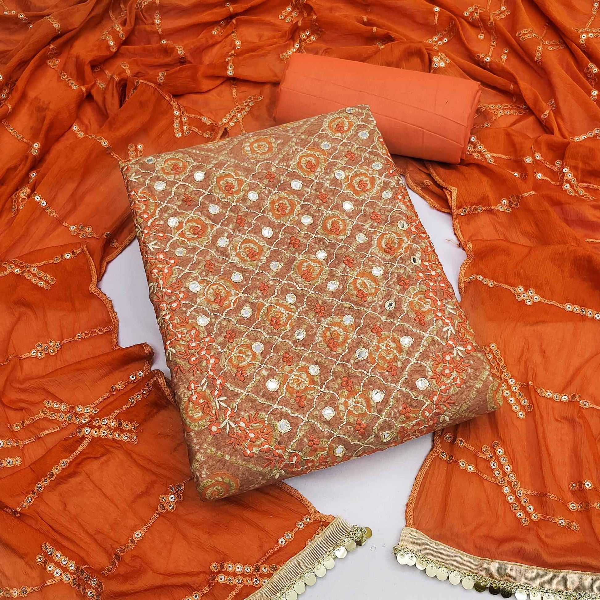 Brown Embroidered With Embellished Cotton Blend Dress Material