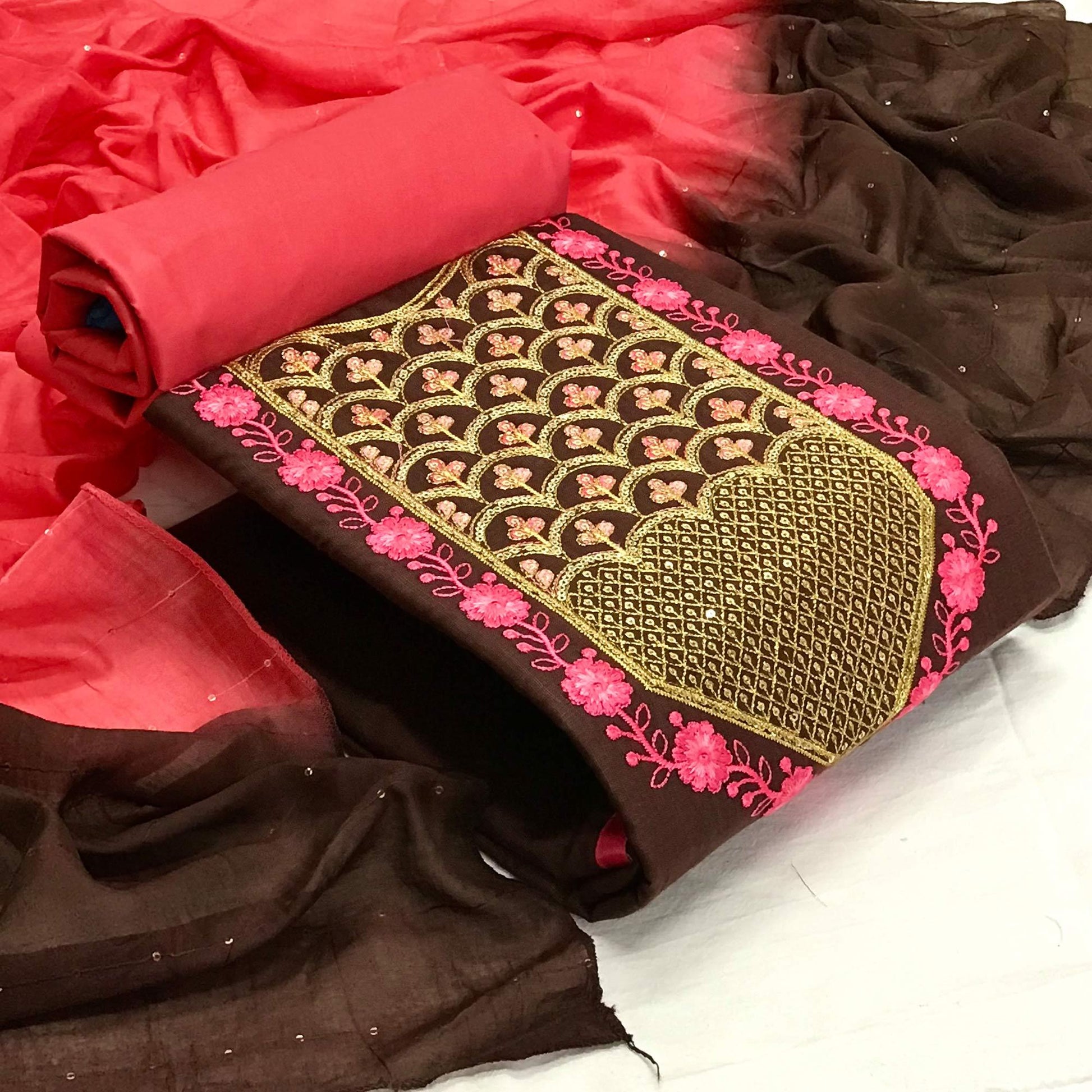 Brown Embroidered With Embellished Cotton Blend Dress Material