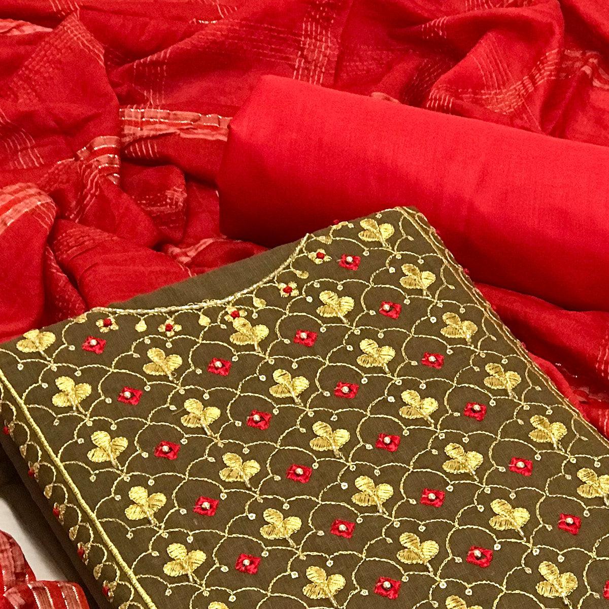 Brown Embroidered With Embellished Cotton Blend Dress Material