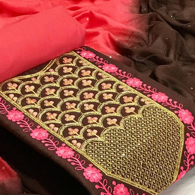 Brown Embroidered With Embellished Cotton Blend Dress Material