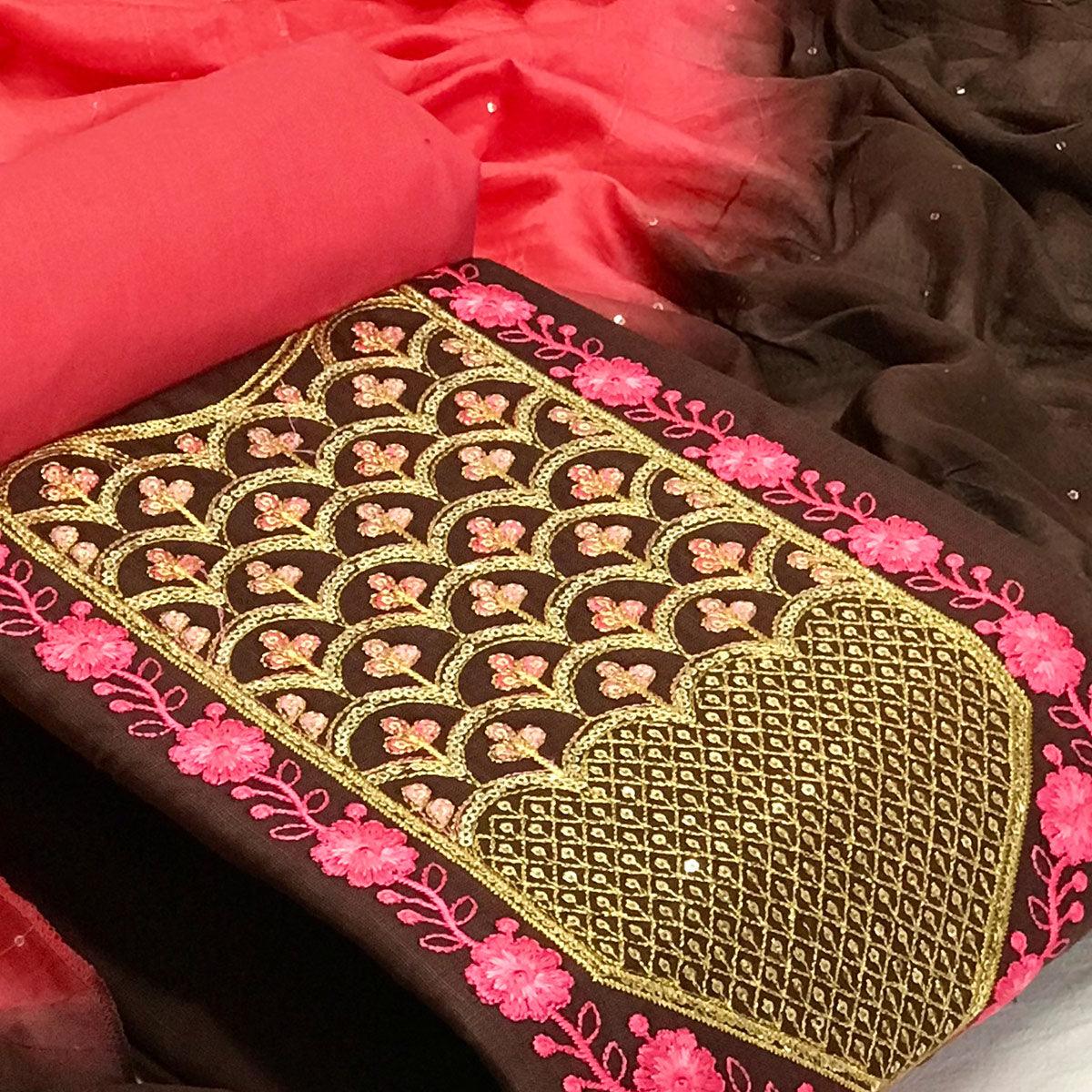Brown Embroidered With Embellished Cotton Blend Dress Material