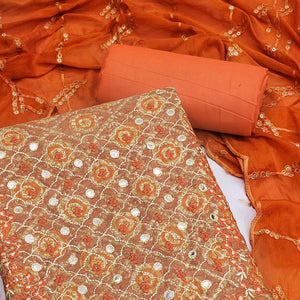 Brown Embroidered With Embellished Cotton Blend Dress Material