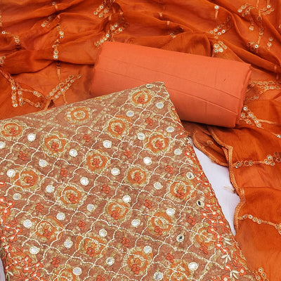 Brown Embroidered With Embellished Cotton Blend Dress Material