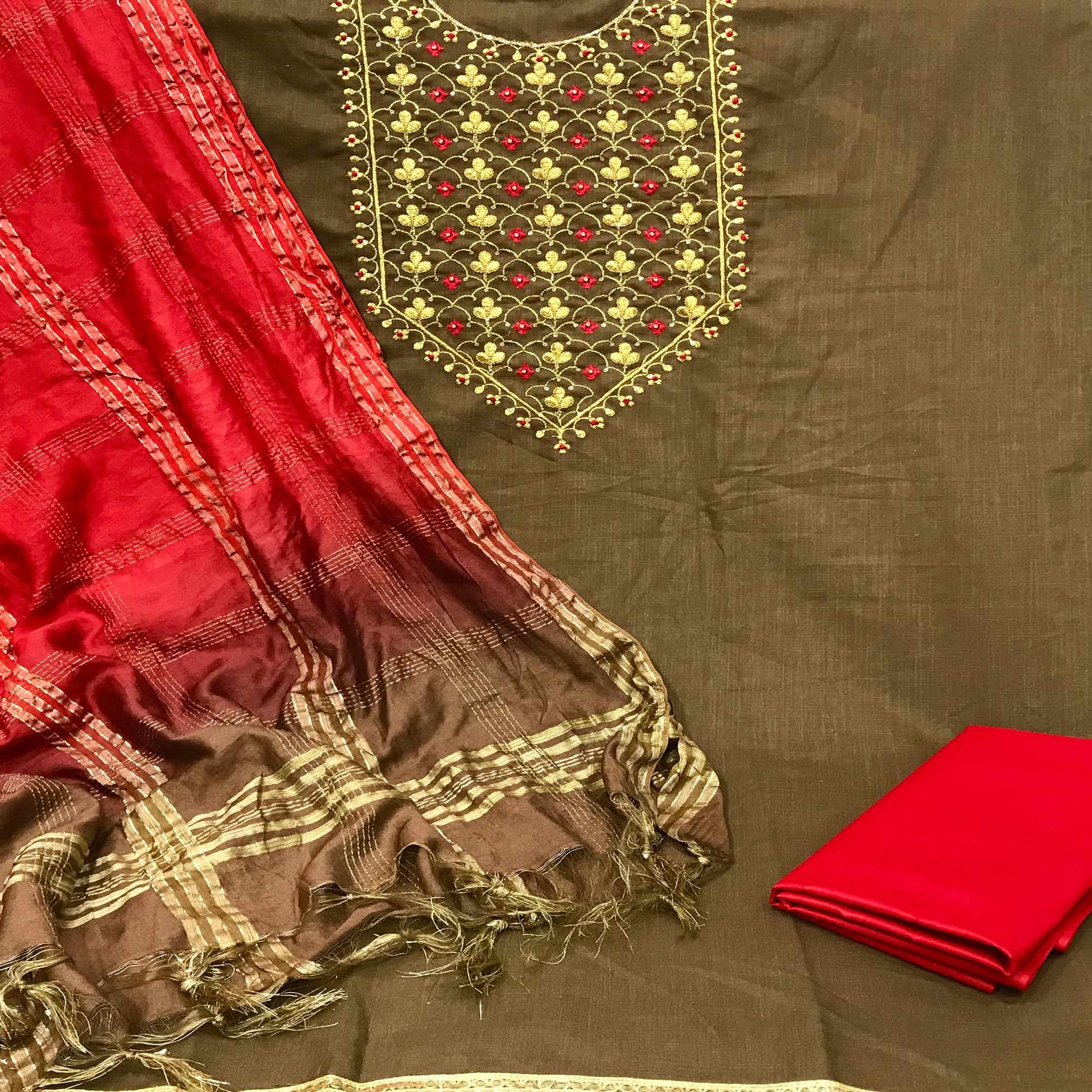 Brown Embroidered With Embellished Cotton Blend Dress Material