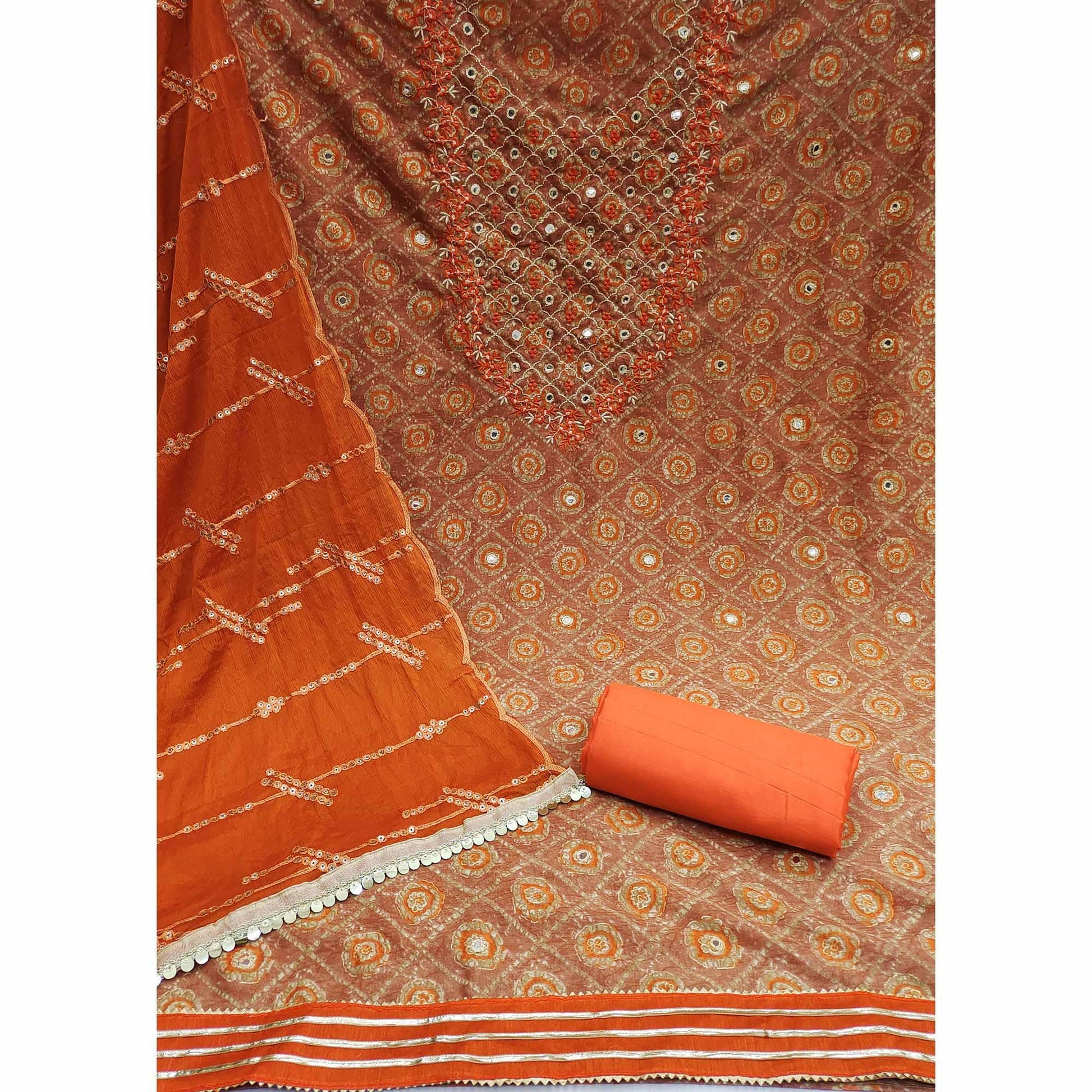 Brown Embroidered With Embellished Cotton Blend Dress Material