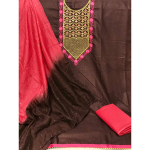 Brown Embroidered With Embellished Cotton Blend Dress Material