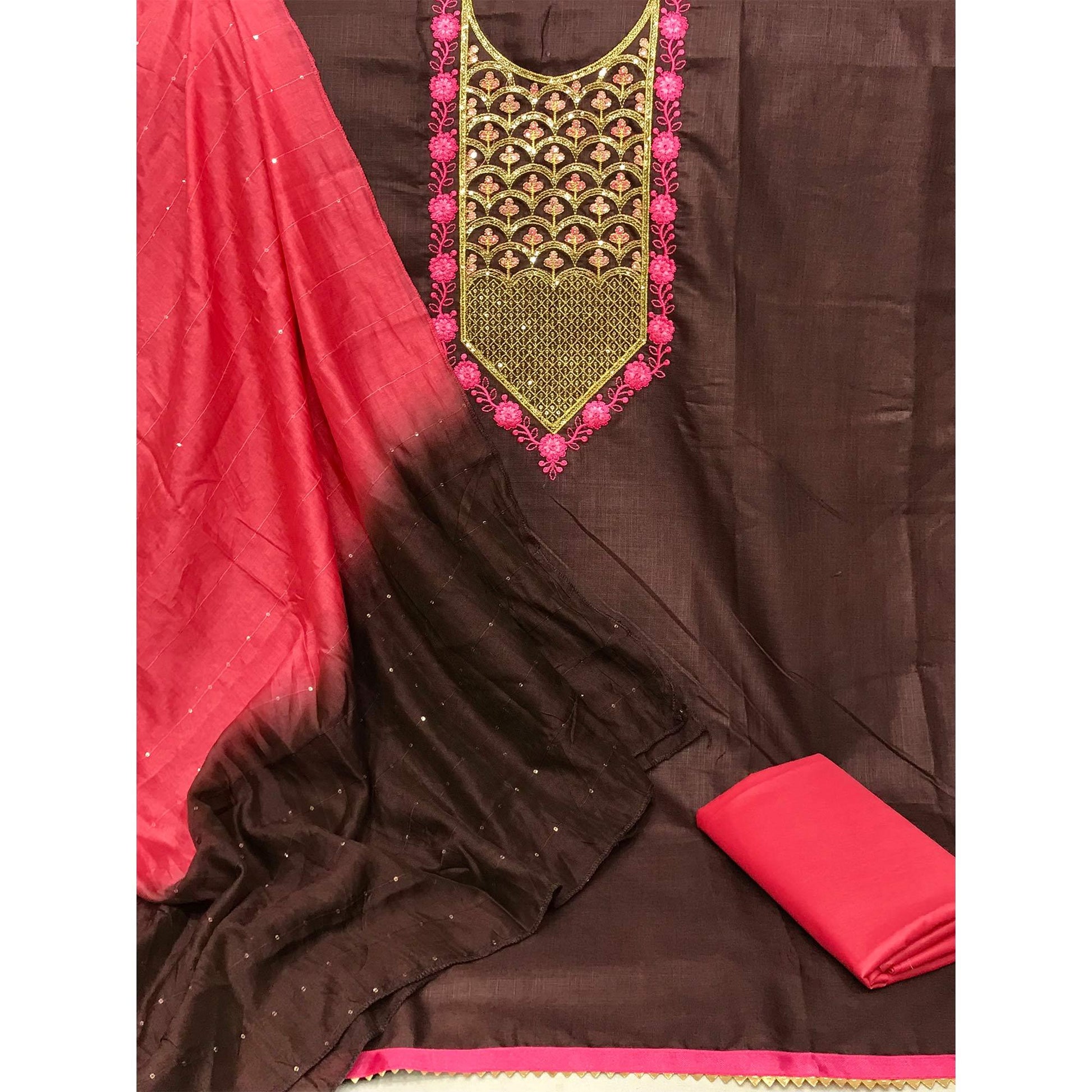 Brown Embroidered With Embellished Cotton Blend Dress Material