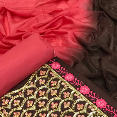 Brown Embroidered With Embellished Cotton Blend Dress Material