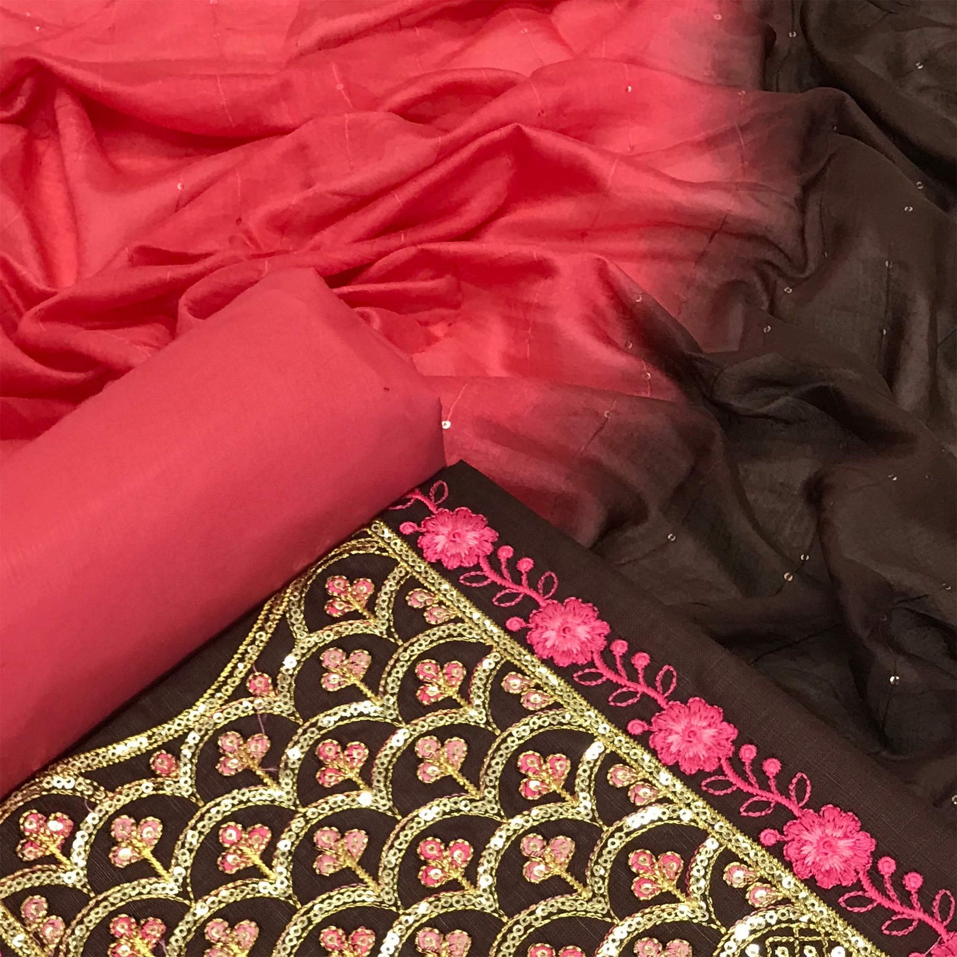 Brown Embroidered With Embellished Cotton Blend Dress Material