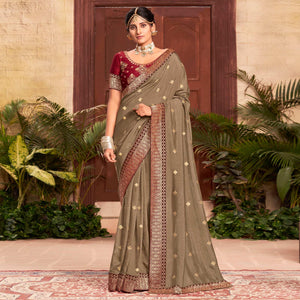 Brown Embroidered With Embellished Vichitra Silk Saree