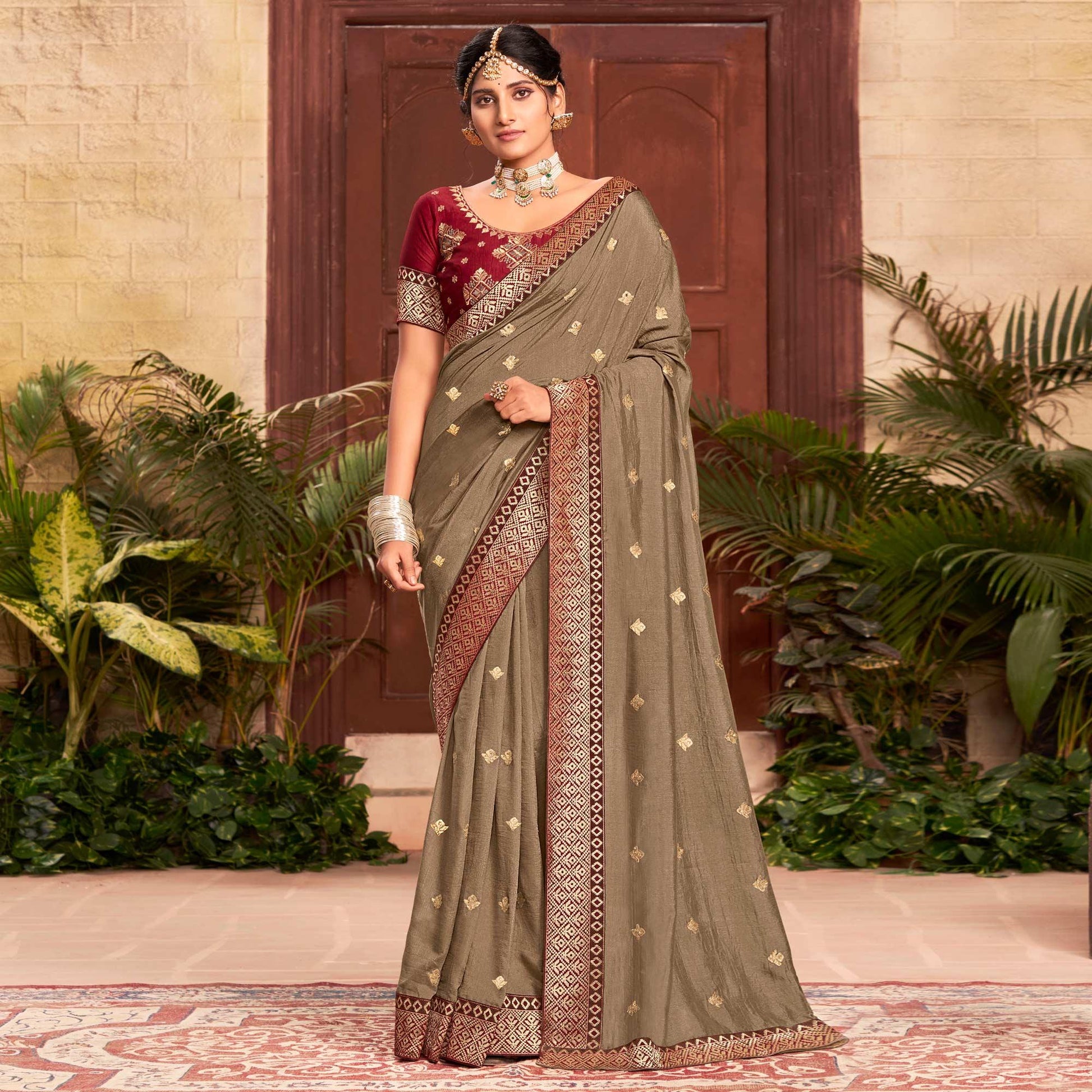 Brown Embroidered With Embellished Vichitra Silk Saree