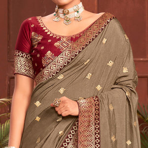 Brown Embroidered With Embellished Vichitra Silk Saree