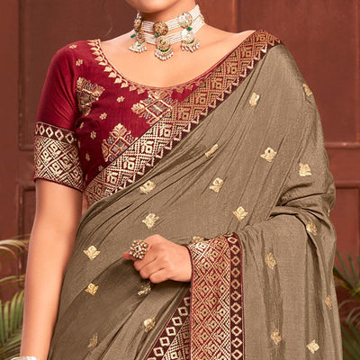 Brown Embroidered With Embellished Vichitra Silk Saree