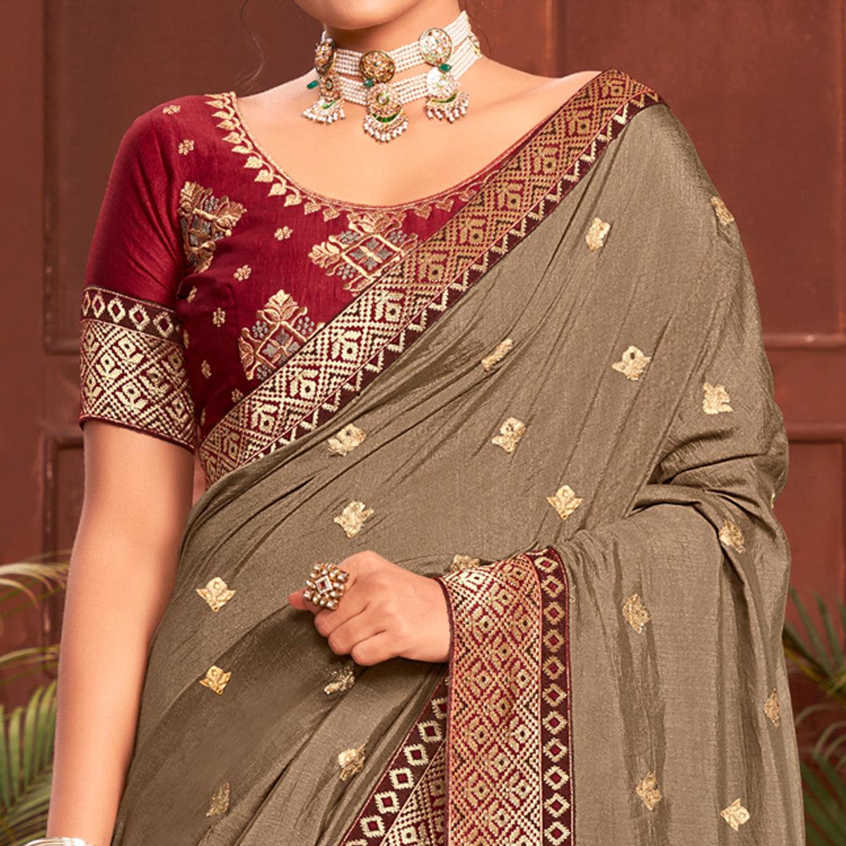 Brown Embroidered With Embellished Vichitra Silk Saree