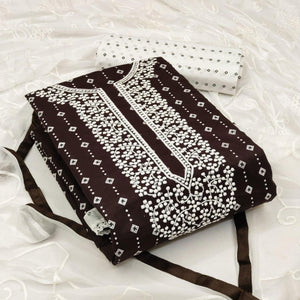 Brown Embroidered With Printed Rayon Dress Material