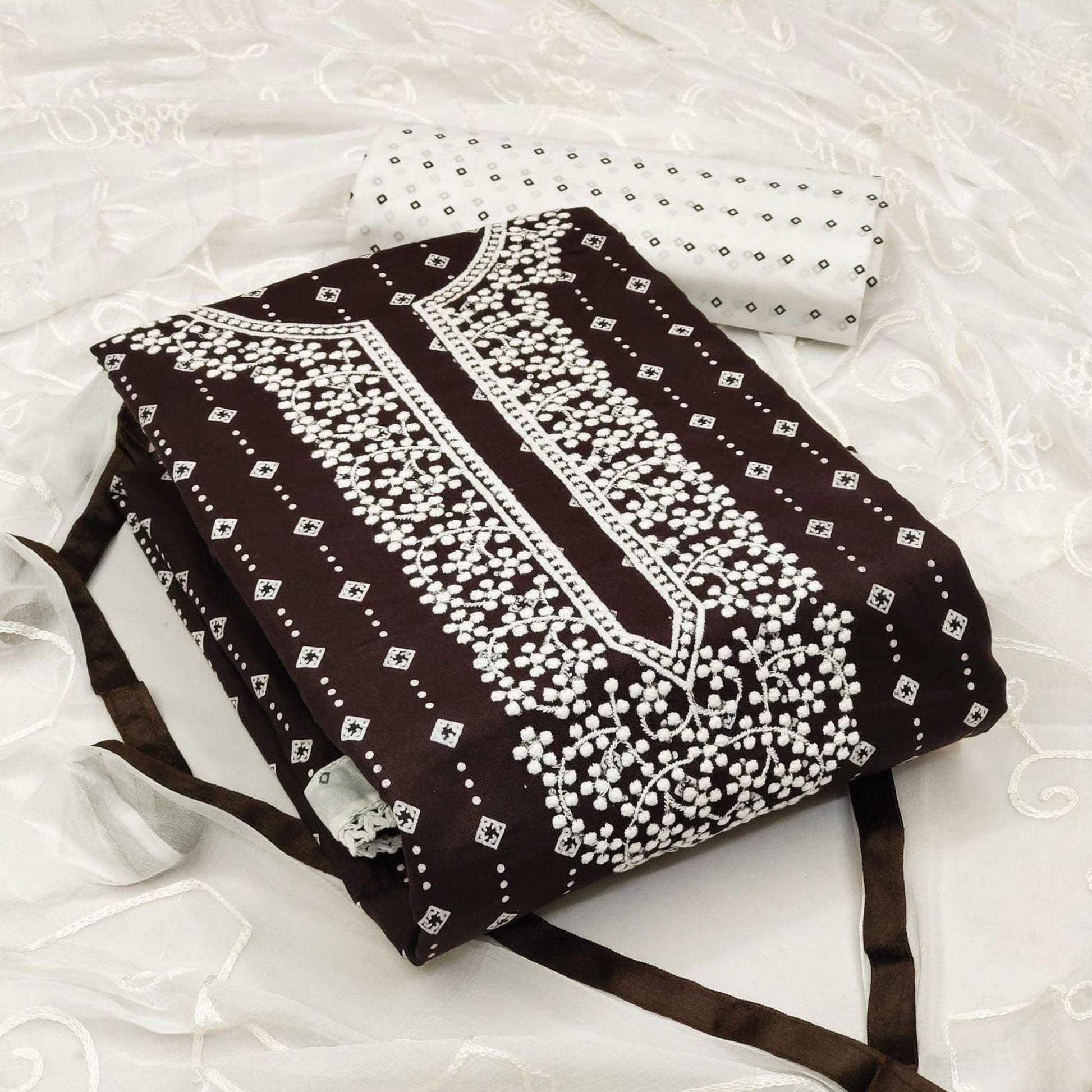 Brown Embroidered With Printed Rayon Dress Material