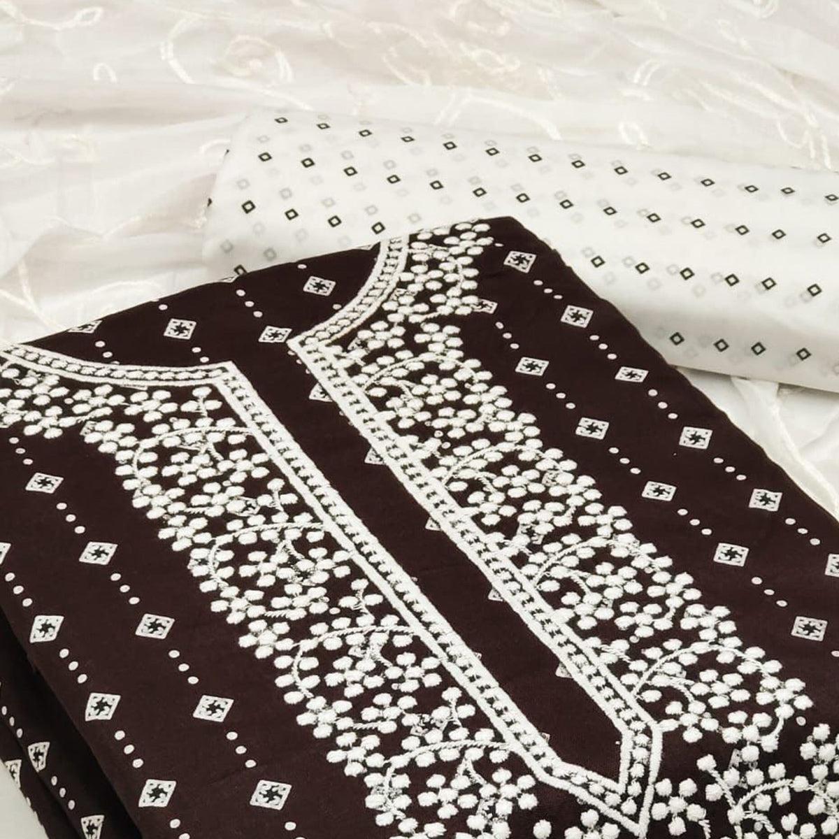 Brown Embroidered With Printed Rayon Dress Material