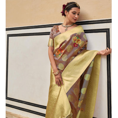 Brown Festive Wear Digital Printed Jacquard Silk Saree