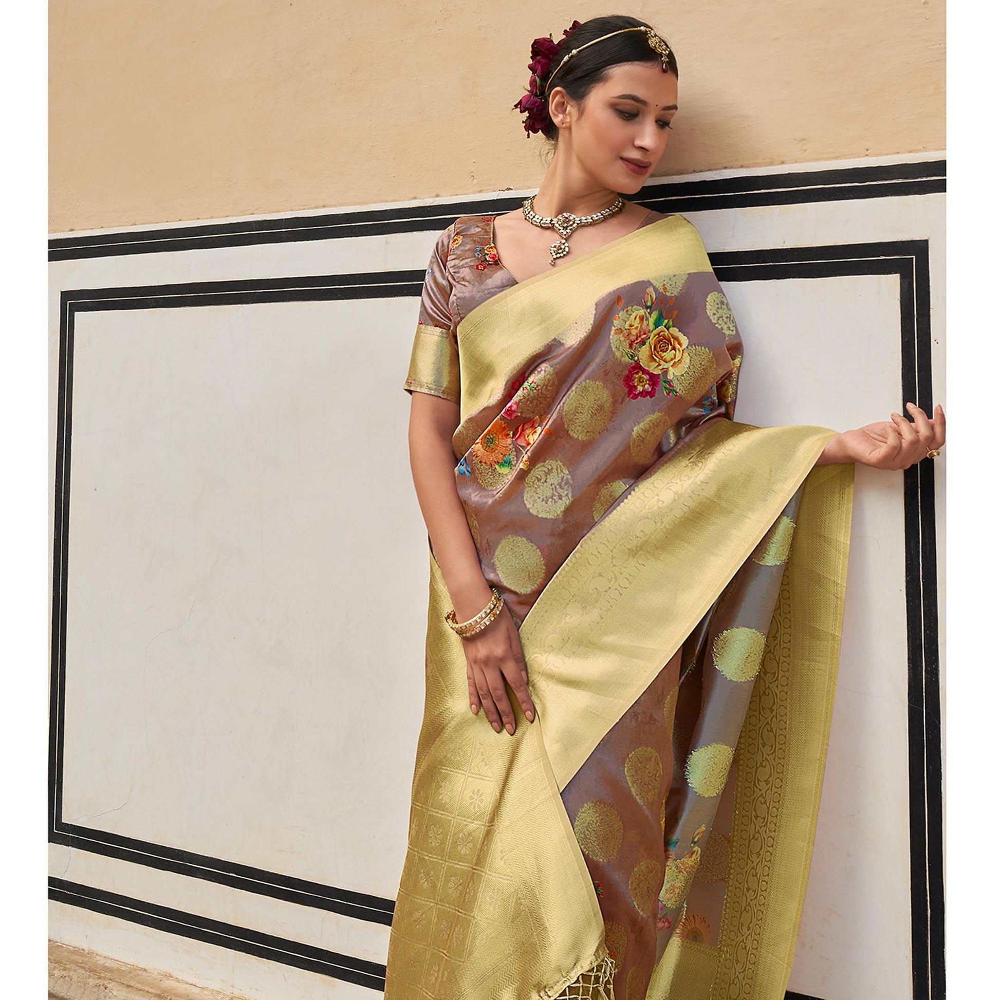 Brown Festive Wear Digital Printed Jacquard Silk Saree
